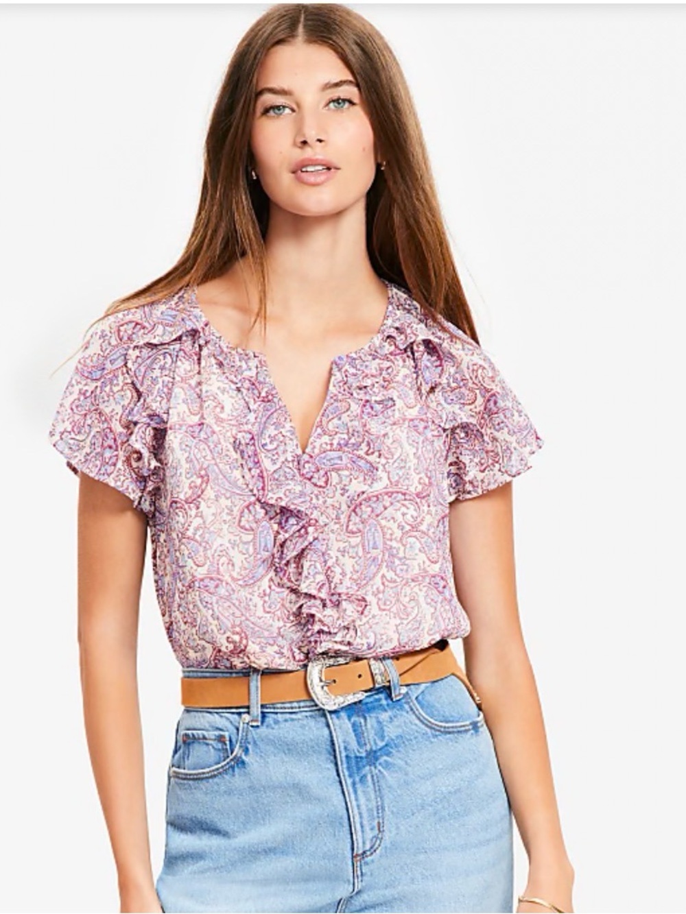 LOFT Paisley Chiffon Ruffle Top - Picture 2 of 7